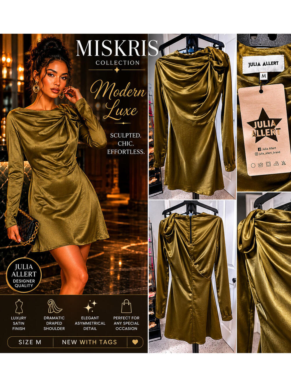 Julia Allert Olive Green Asymmetrical Satin Dress Size M Designer Cocktail Party